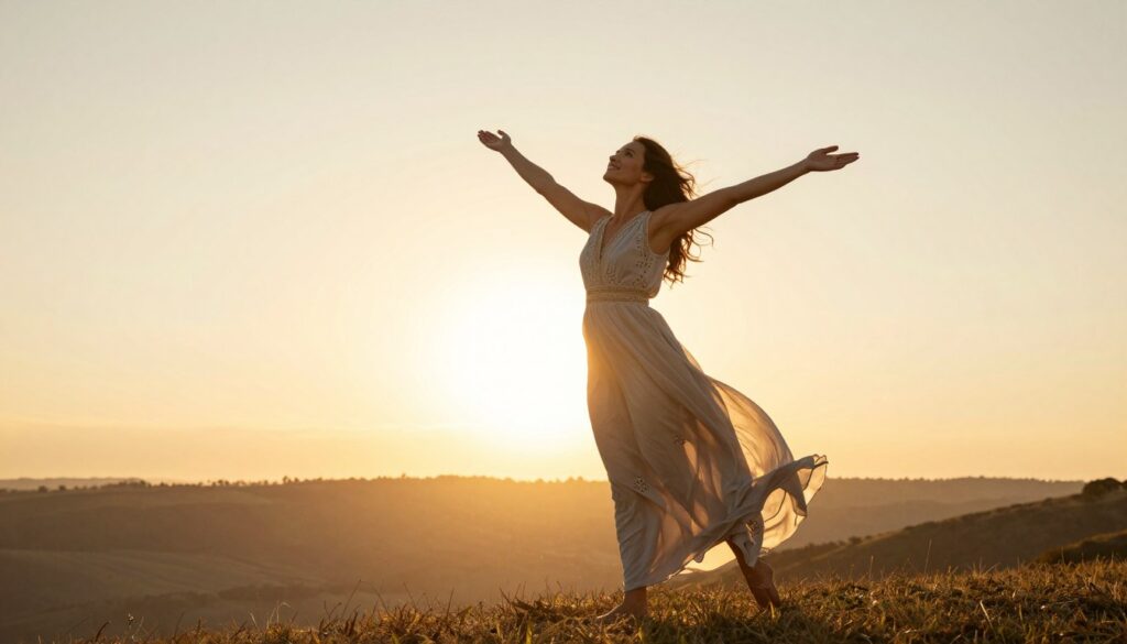 Woman with arms outstretched in nature celebrating transformation and embracing feminine power Woman with arms outstretched in nature celebrating transformation and embracing feminine power