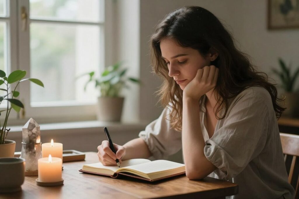 Woman writing intentions in journal for sacred feminine preparation