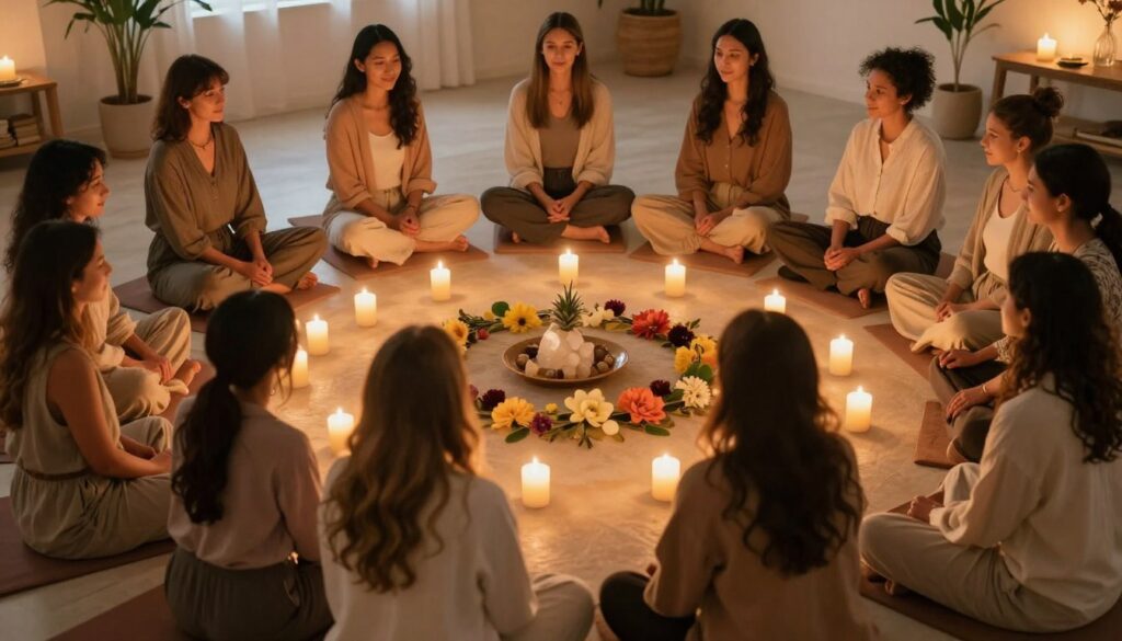 Women gathered in healing circle supporting each other in sacred space