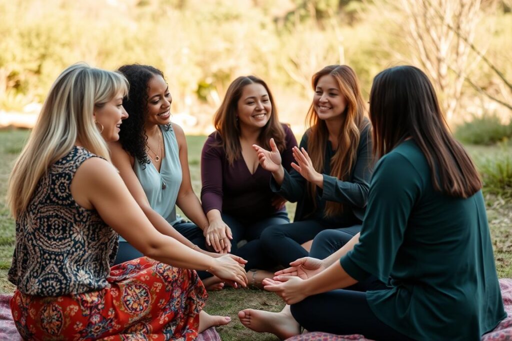 Women's healing circle practicing sacred feminine healing together in community