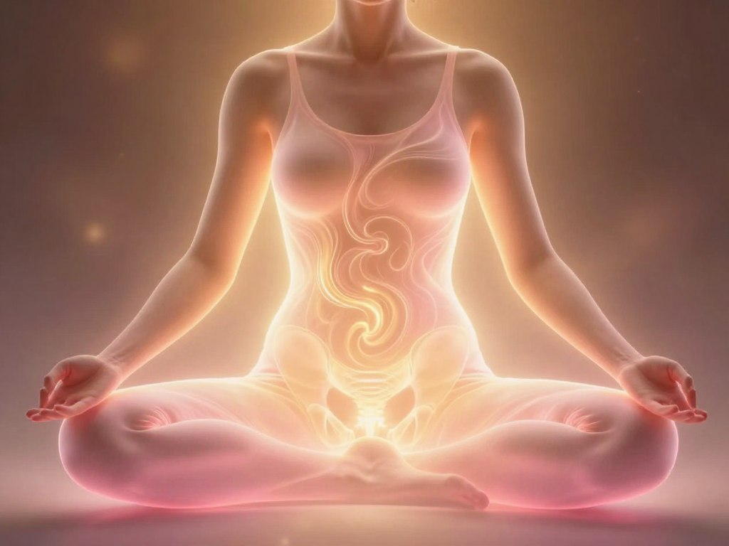 glowing energy visualization around woman's womb area during healing meditation