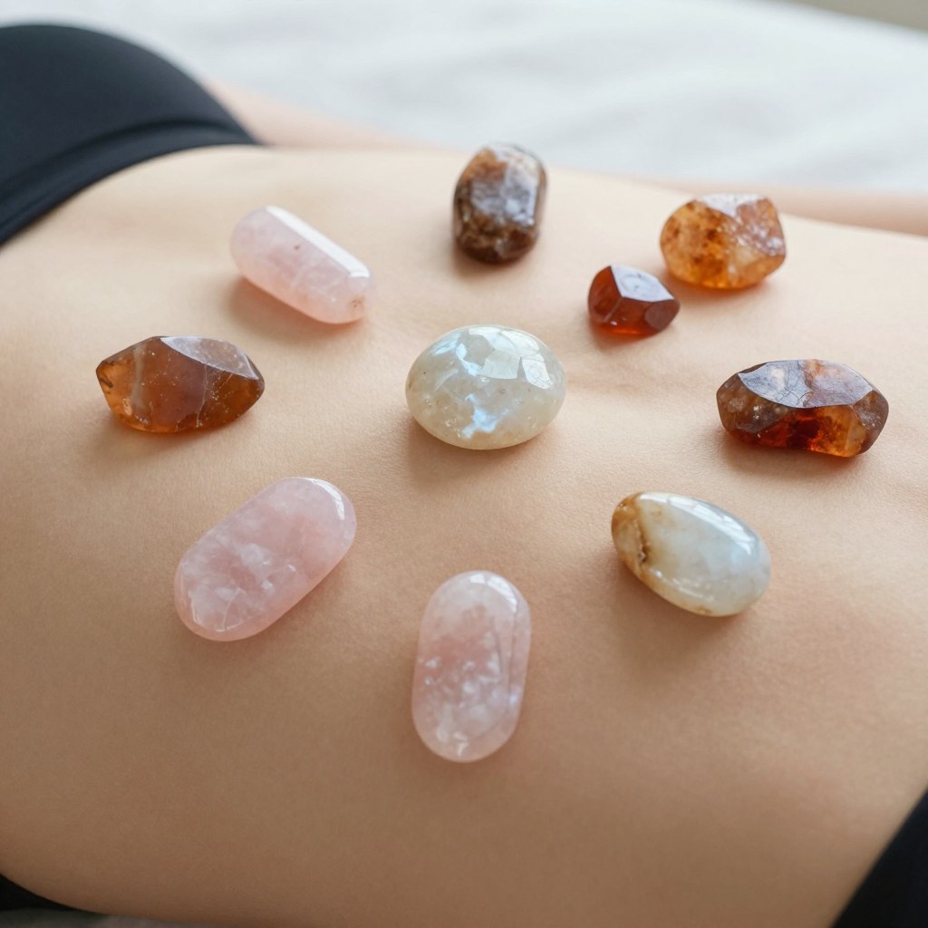 healing crystals arranged for womb wellness practice