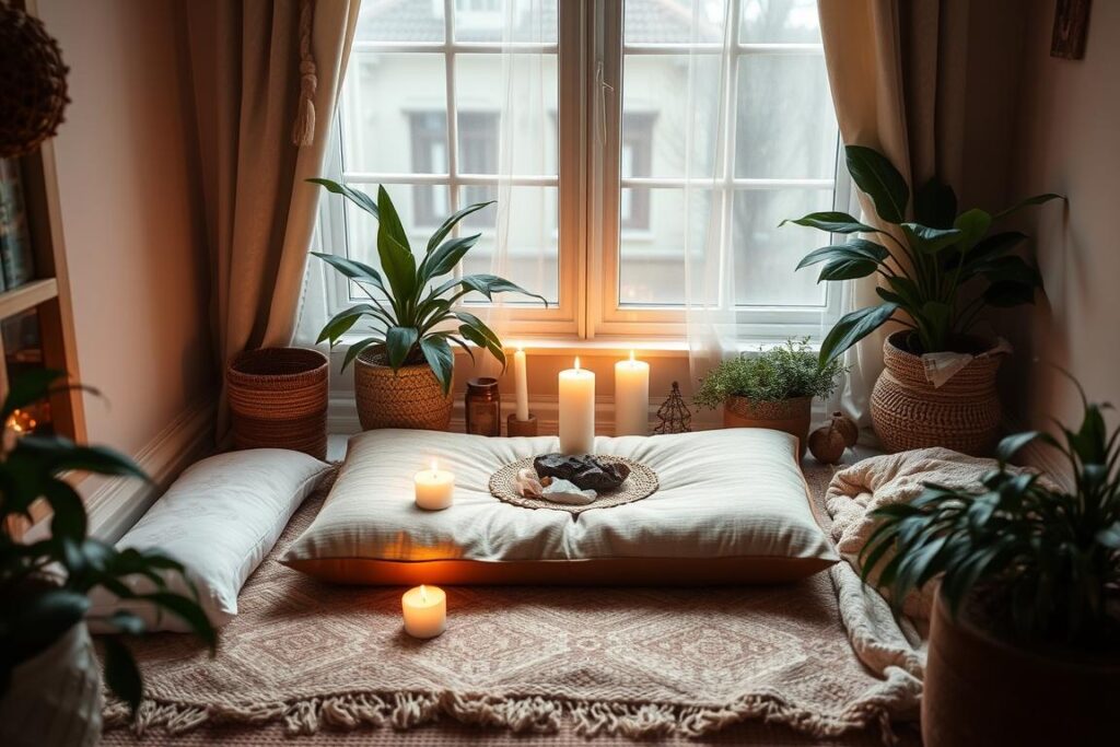 sacred healing space with candles and crystals