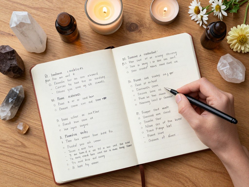 woman creating personal womb healing plan in journal with ritual items