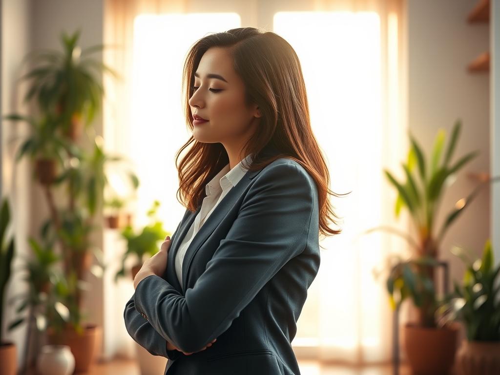 woman embracing herself in self-compassion and gentle healing