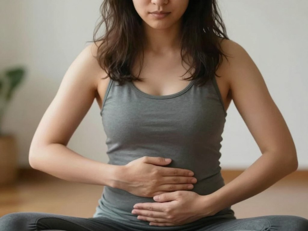 woman in deep womb healing meditation with hands on lower abdomen