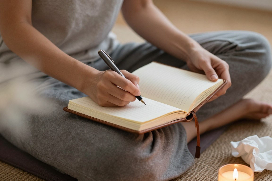 woman journaling emotions during womb healing emotional release practice