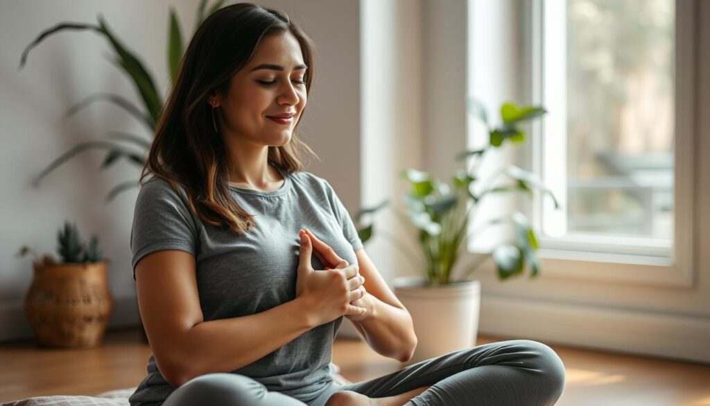 woman practicing womb meditation in peaceful setting