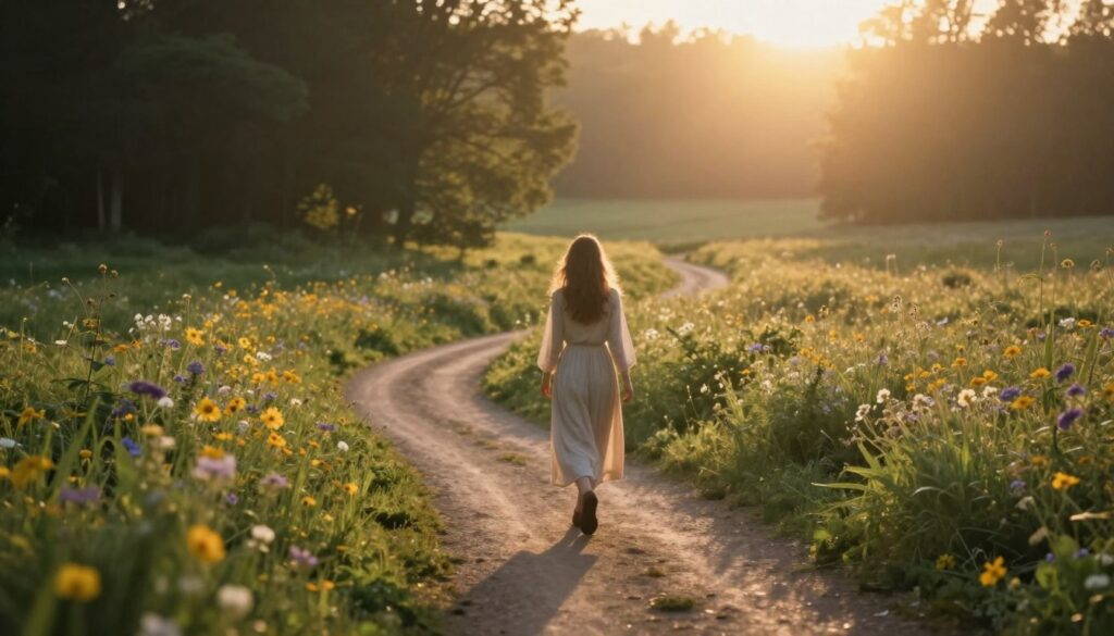 woman walking peaceful path representing stages of emotional healing journey